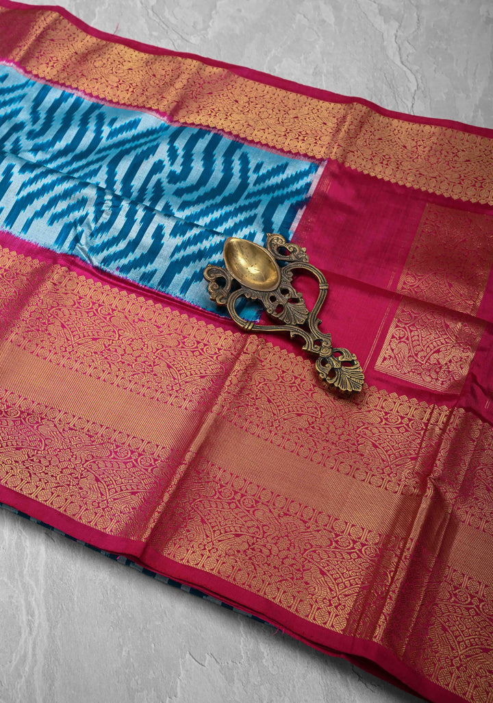 Peacock Blue-Gray Ikkat Kanjivaram Fusion Silk Saree with Chevron Pattern weave and Contrast Zari Border | SILK MARK CERTIFIED