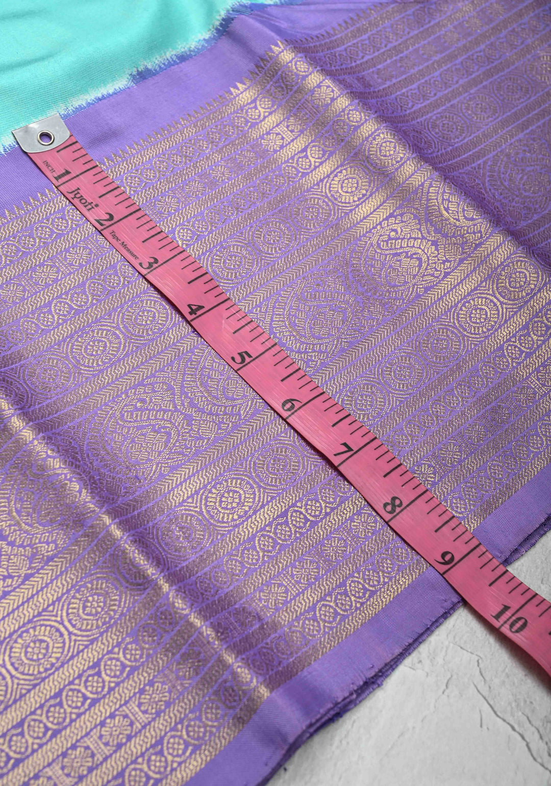 Aqua Blue Ikkat Kanjivaram Fusion Silk Saree with Gold-Silver Buttas and Contrast Zari Border | SILK MARK CERTIFIED