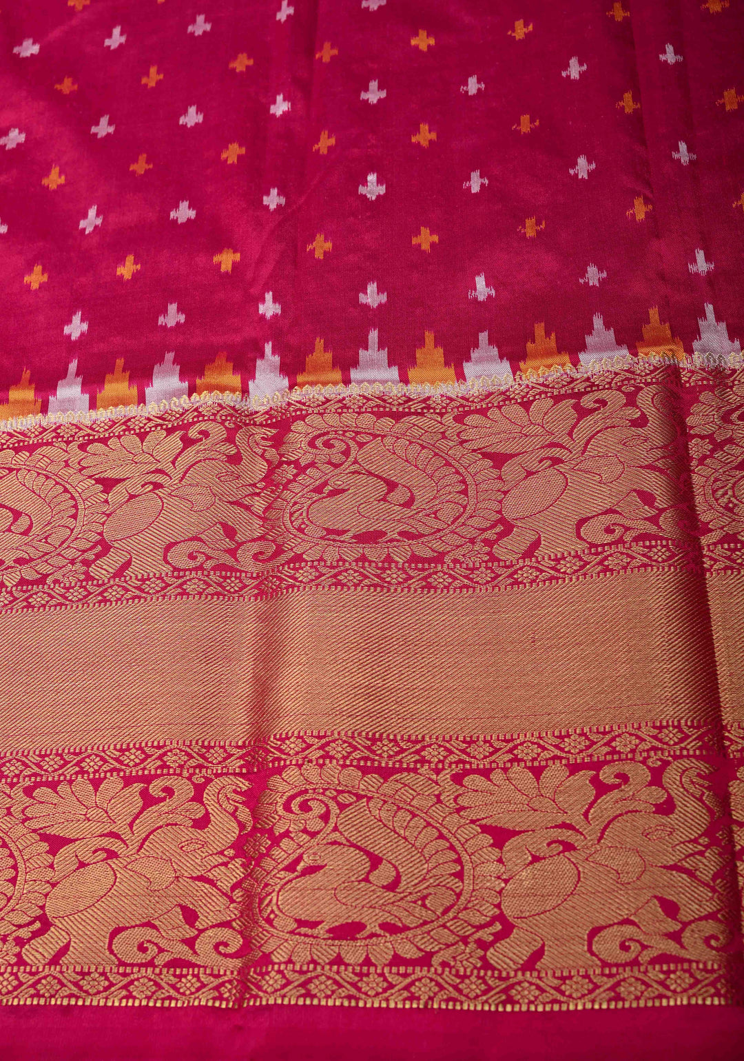 Rama Green Ikkat Kanjivaram Fusion Silk Saree with Ornate Zari Stripes and Contrast Wide Zari Border | SILK MARK CERTIFIED