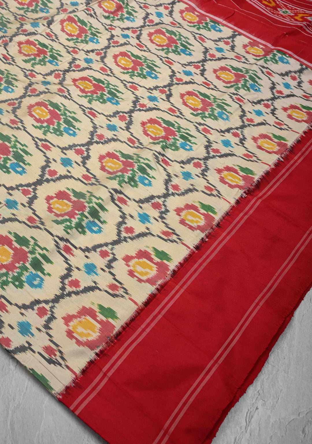 Beige Ikkat Pure Silk Saree with Intricate Floral weave and Contrast Border | SILK MARK CERTIFIED