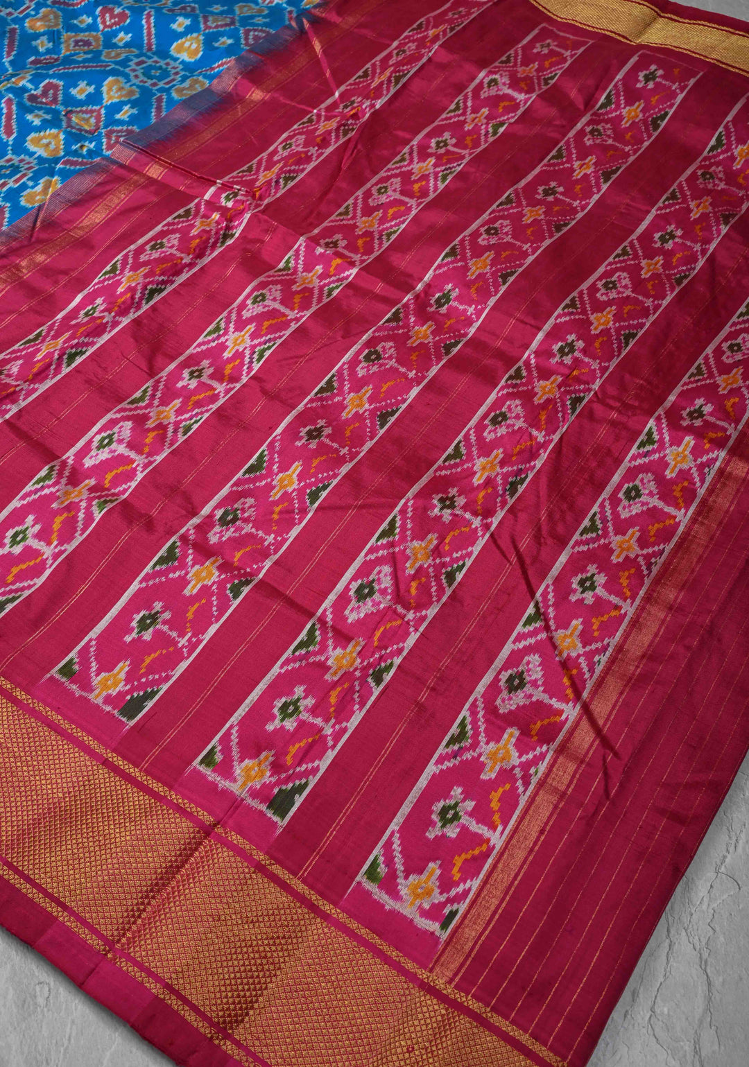 Ananda Blue Pochampally Ikkat Pure Silk Saree with Intricate Geometric Jaal weave and Contrast Zari Border | SILK MARK CERTIFIED