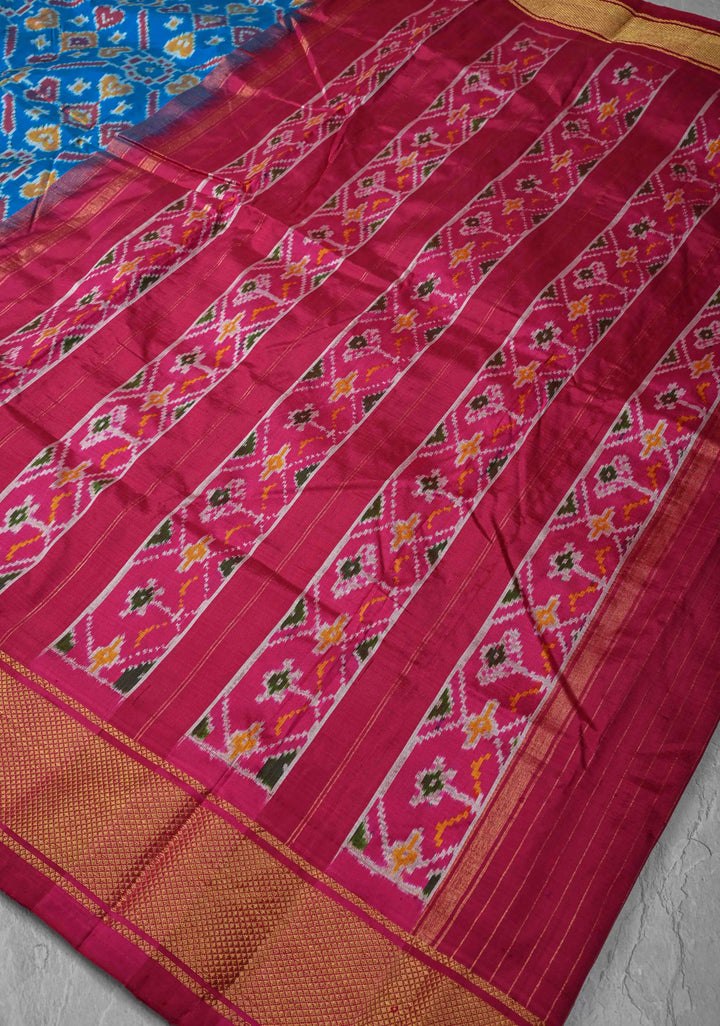 Ananda Blue Pochampally Ikkat Pure Silk Saree with Intricate Geometric Jaal weave and Contrast Zari Border | SILK MARK CERTIFIED