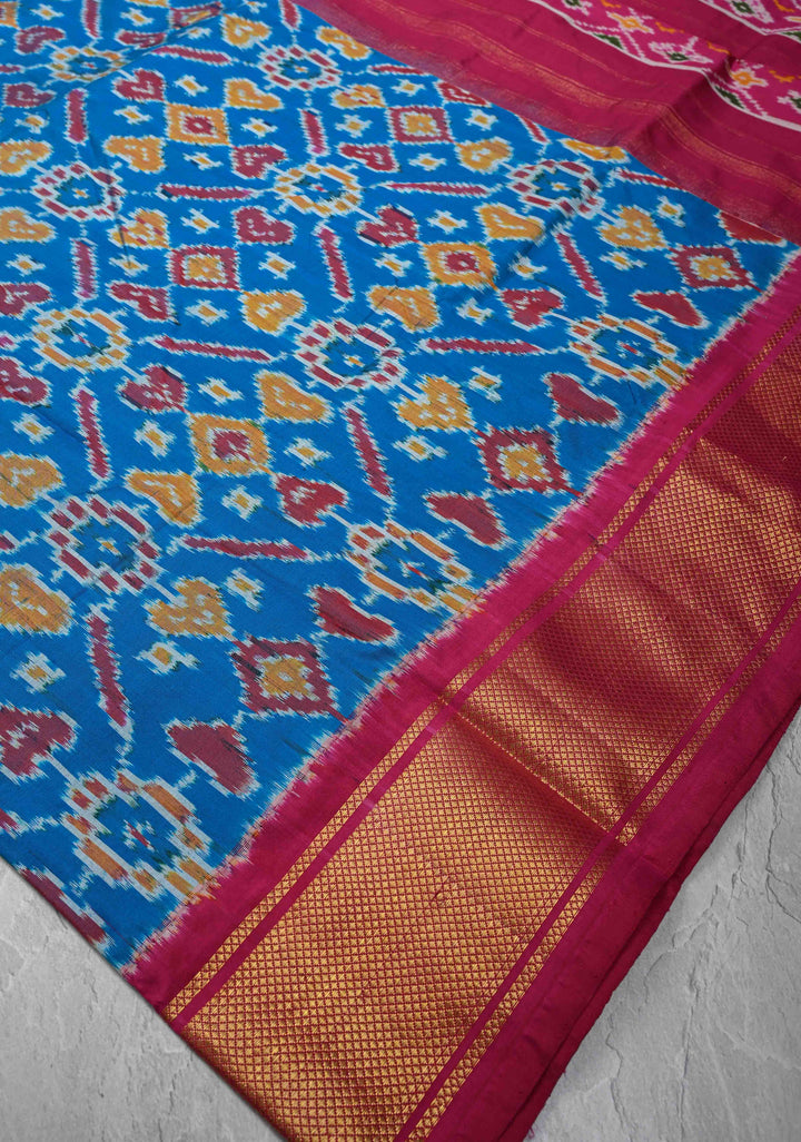 Ananda Blue Pochampally Ikkat Pure Silk Saree with Intricate Geometric Jaal weave and Contrast Zari Border | SILK MARK CERTIFIED