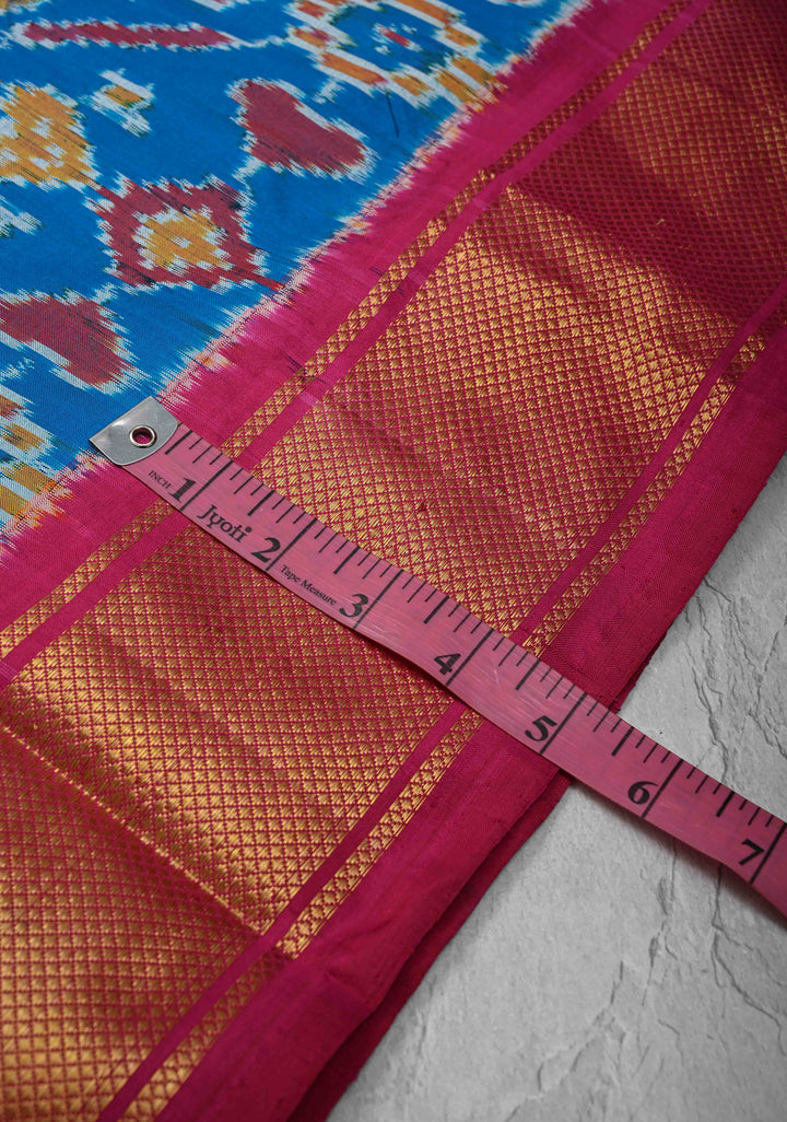 Ananda Blue Pochampally Ikkat Pure Silk Saree with Intricate Geometric Jaal weave and Contrast Zari Border | SILK MARK CERTIFIED
