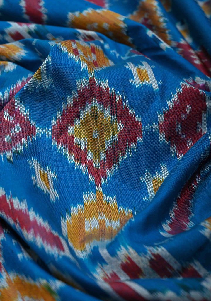 Ananda Blue Pochampally Ikkat Pure Silk Saree with Intricate Geometric Jaal weave and Contrast Zari Border | SILK MARK CERTIFIED