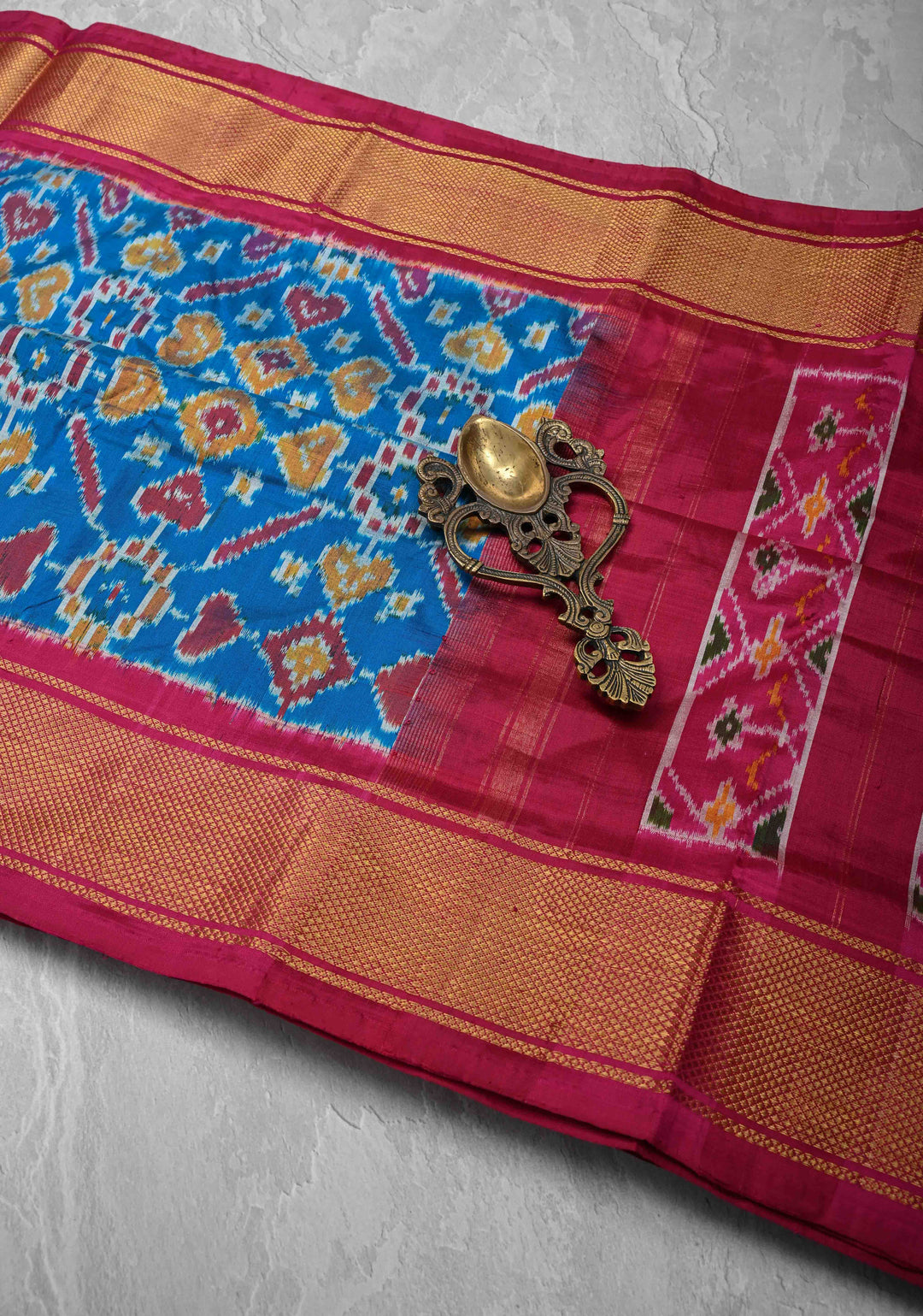 Ananda Blue Pochampally Ikkat Pure Silk Saree with Intricate Geometric Jaal weave and Contrast Zari Border | SILK MARK CERTIFIED