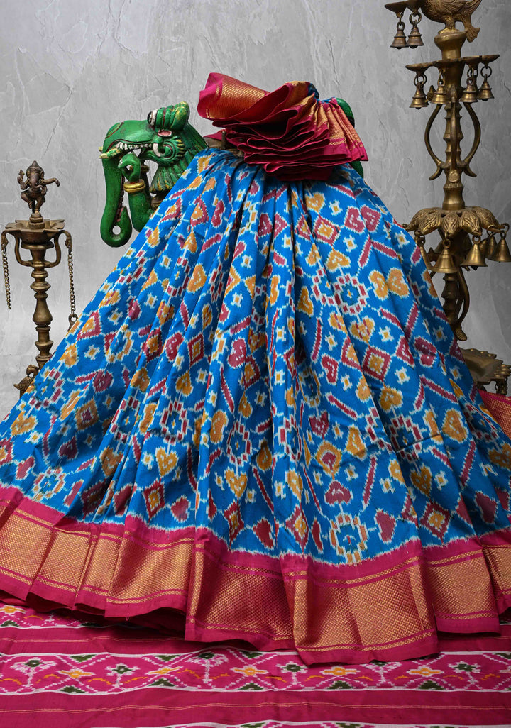 Ananda Blue Pochampally Ikkat Pure Silk Saree with Intricate Geometric Jaal weave and Contrast Zari Border | SILK MARK CERTIFIED