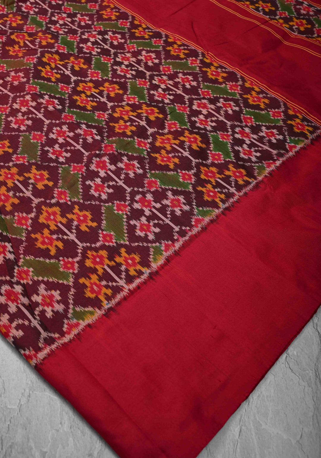 Burgundy Pochampally Ikkat Pure Silk Saree with Intricate Floral Jaal weave and Border | SILK MARK CERTIFIED