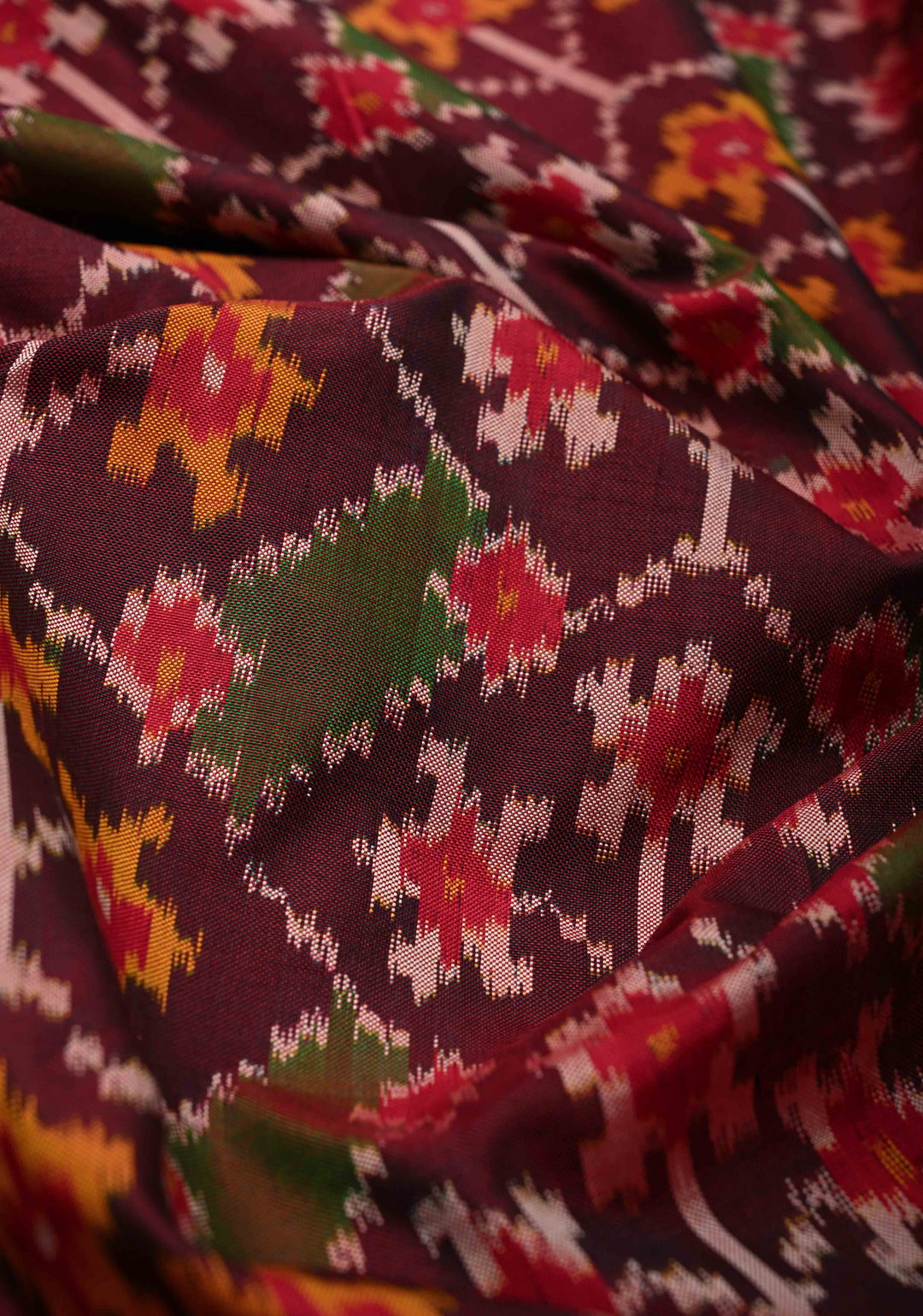 Burgundy Pochampally Ikkat Pure Silk Saree with Intricate Floral Jaal weave and Border | SILK MARK CERTIFIED