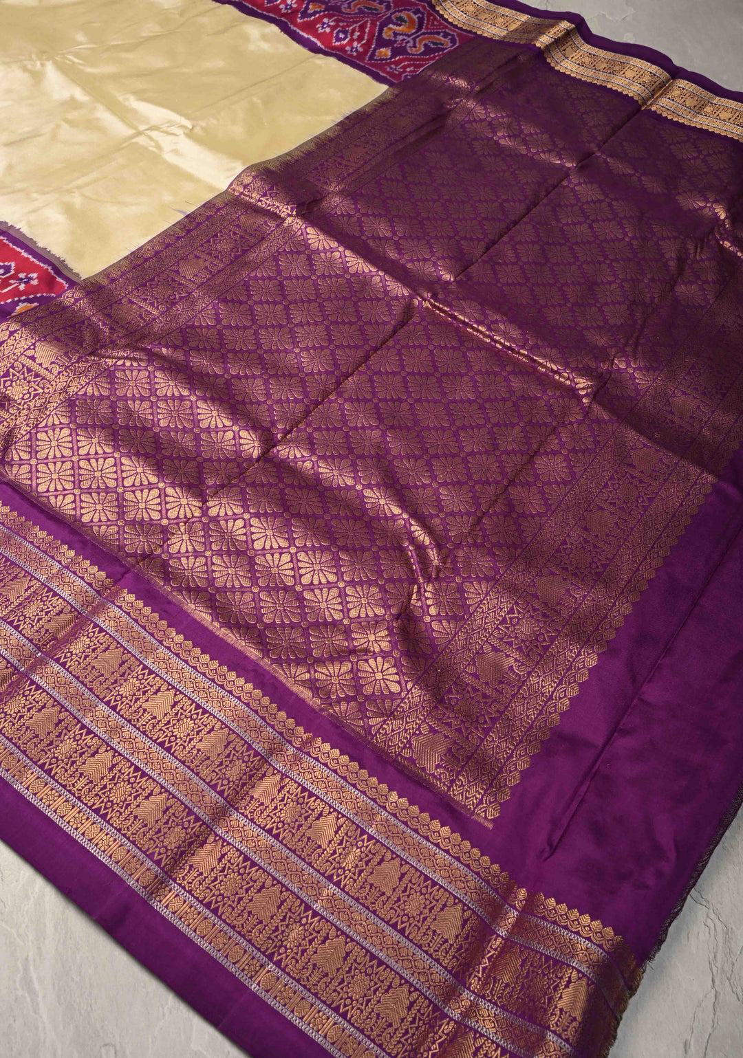 Cream Ikkat Pure Silk Saree with Ikkat Weave Birds Panel and Zari Border | SILK MARK CERTIFIED