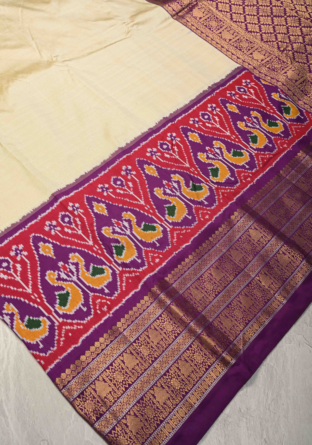 Cream Ikkat Pure Silk Saree with Ikkat Weave Birds Panel and Zari Border | SILK MARK CERTIFIED