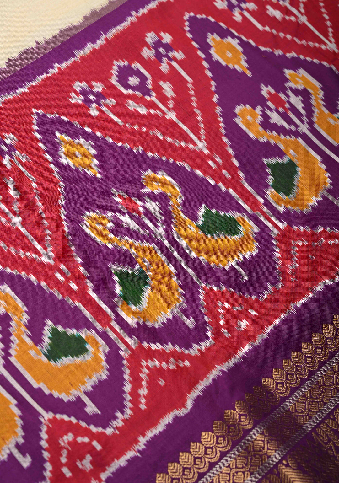 Cream Ikkat Pure Silk Saree with Ikkat Weave Birds Panel and Zari Border | SILK MARK CERTIFIED