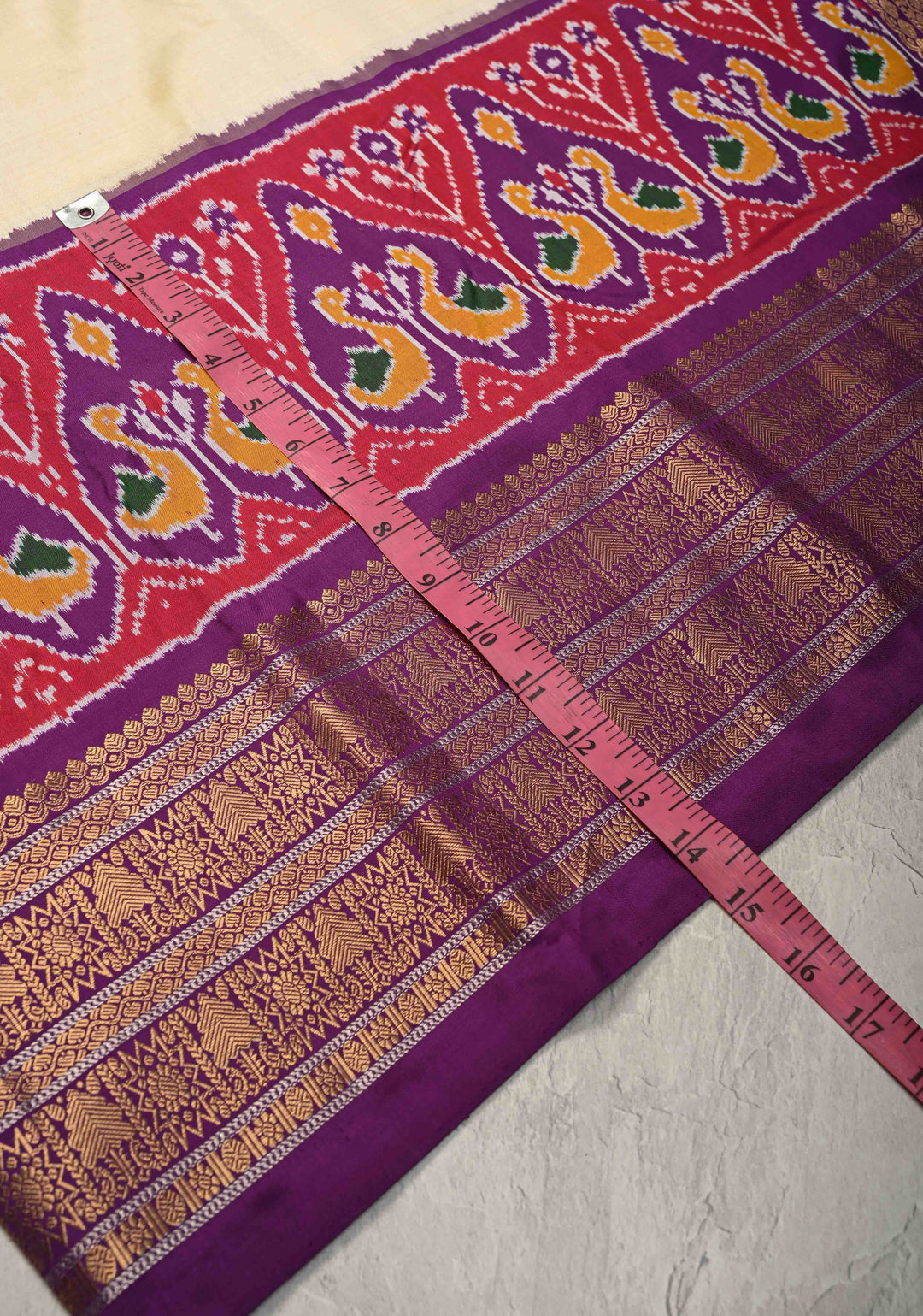 Cream Ikkat Pure Silk Saree with Ikkat Weave Birds Panel and Zari Border | SILK MARK CERTIFIED