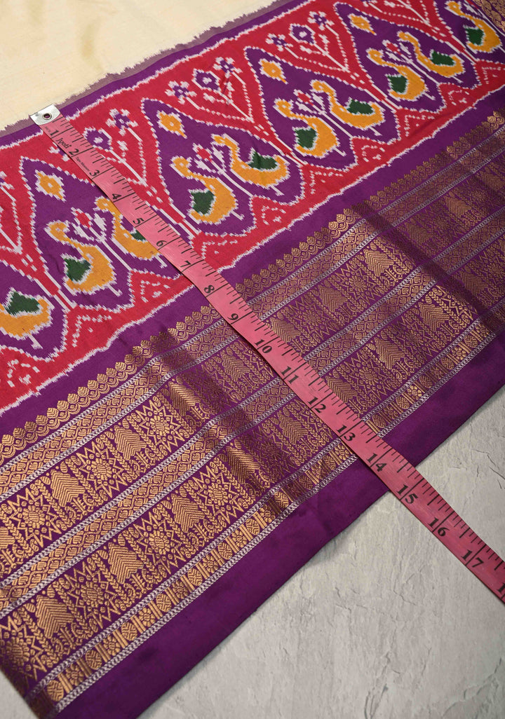 Cream Ikkat Pure Silk Saree with Ikkat Weave Birds Panel and Zari Border | SILK MARK CERTIFIED