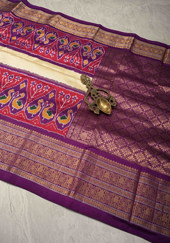 Cream Ikkat Pure Silk Saree with Ikkat Weave Birds Panel and Zari Border | SILK MARK CERTIFIED