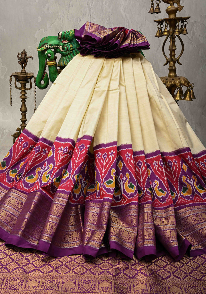 Cream Ikkat Pure Silk Saree with Ikkat Weave Birds Panel and Zari Border | SILK MARK CERTIFIED