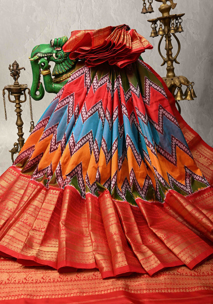 Multicolor Ikkat Kanjivaram Fusion Silk Saree with Chevron Patterns and Zari Border | SILK MARK CERTIFIED