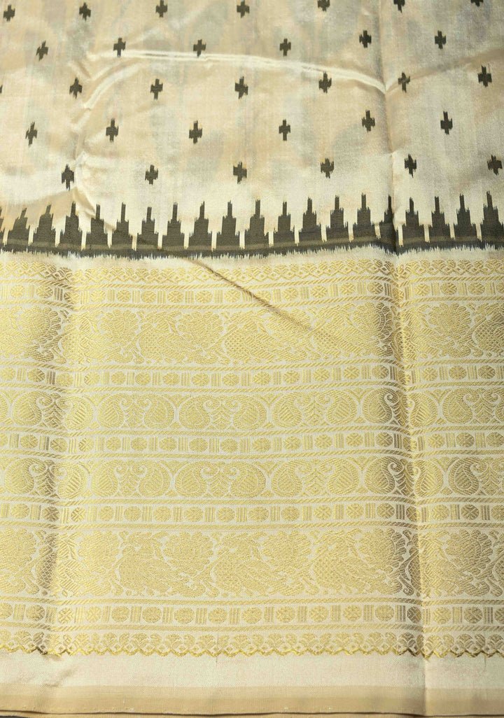 Ivory Pure Ikkat Kanjivaram Fusion Silk Saree with Floral Design and Wide Zari Border | SILK MARK CERTIFIED