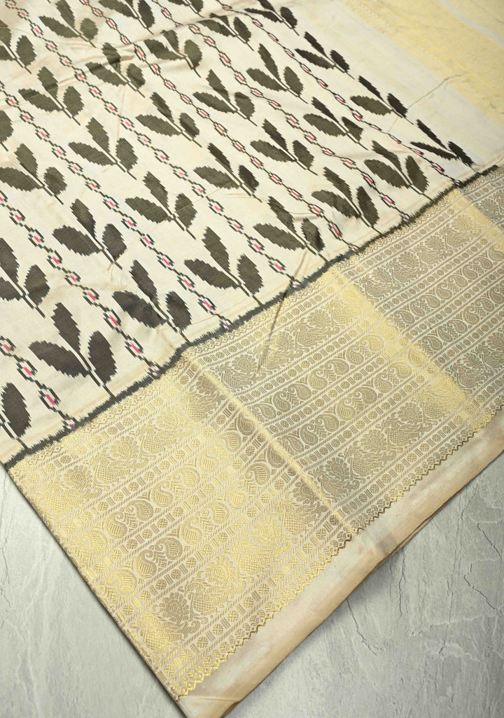 Ivory Pure Ikkat Kanjivaram Fusion Silk Saree with Floral Design and Wide Zari Border | SILK MARK CERTIFIED