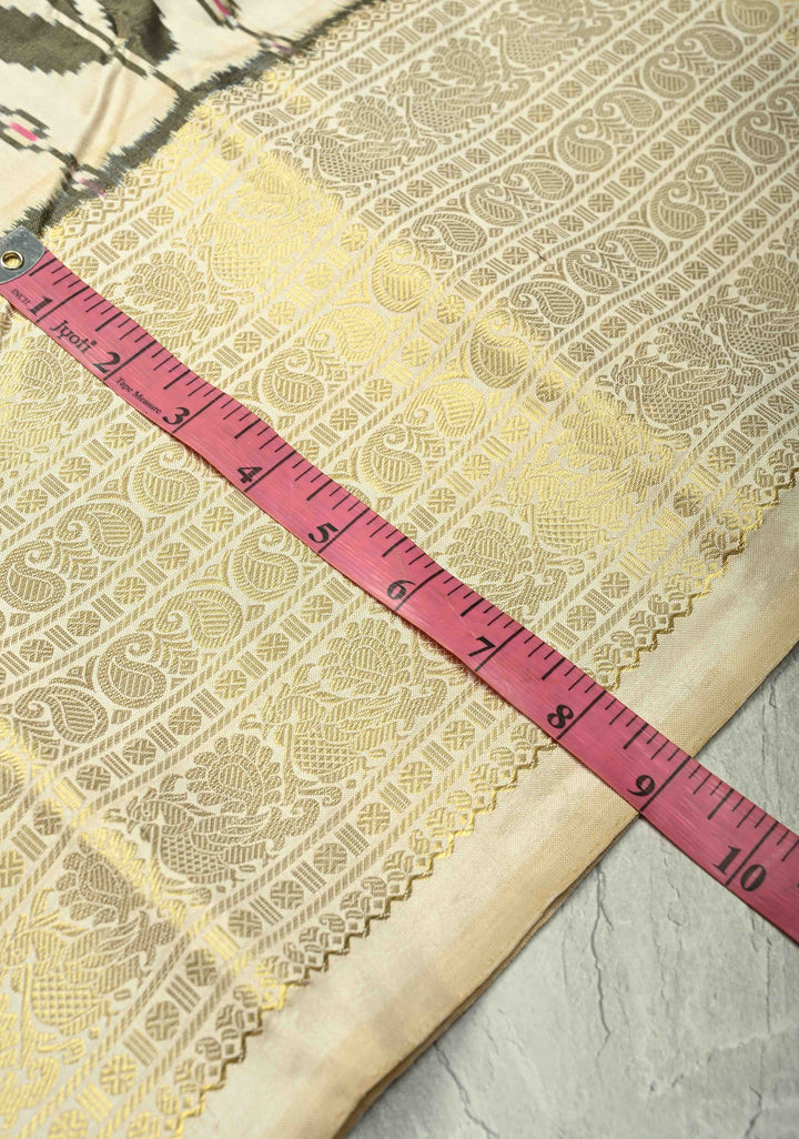 Ivory Pure Ikkat Kanjivaram Fusion Silk Saree with Floral Design and Wide Zari Border | SILK MARK CERTIFIED