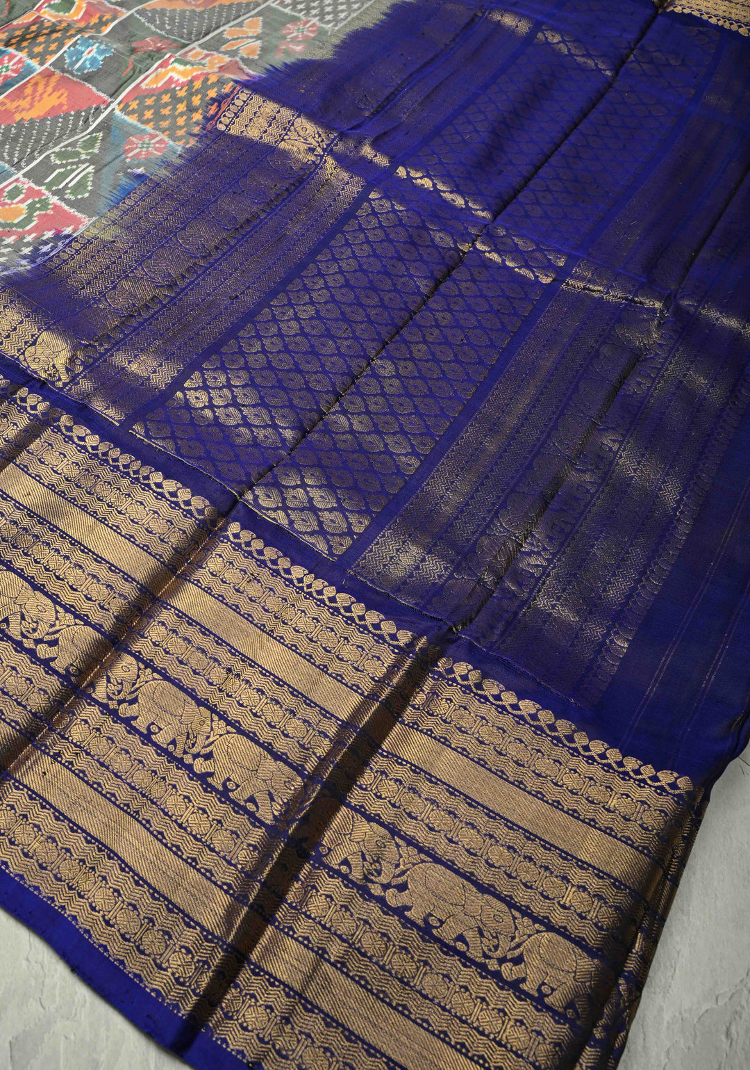 Multicolor Ikkat Kanjivaram Fusion Silk Saree with Patola Design and Contrast Wide Zari Border | SILK MARK CERTIFIED | SHOBITAM
