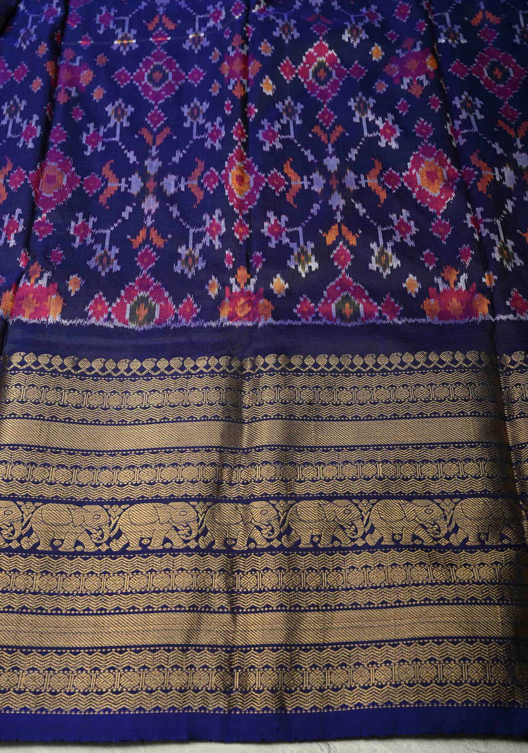 Multicolor Ikkat Kanjivaram Fusion Silk Saree with Patola Design and Contrast Wide Zari Border | SILK MARK CERTIFIED | SHOBITAM
