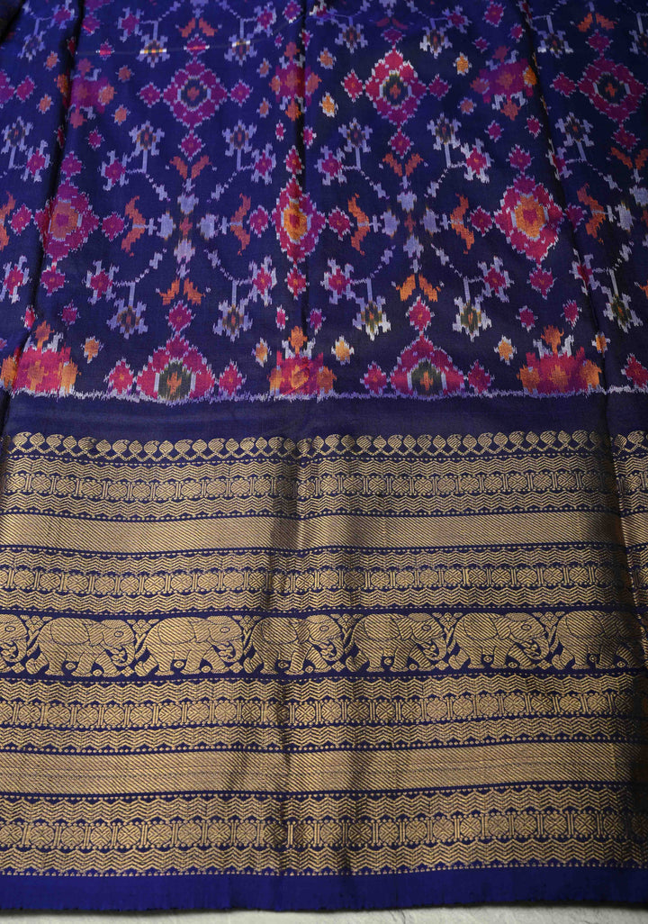 Multicolor Ikkat Kanjivaram Fusion Silk Saree with Patola Design and Contrast Wide Zari Border | SILK MARK CERTIFIED | SHOBITAM