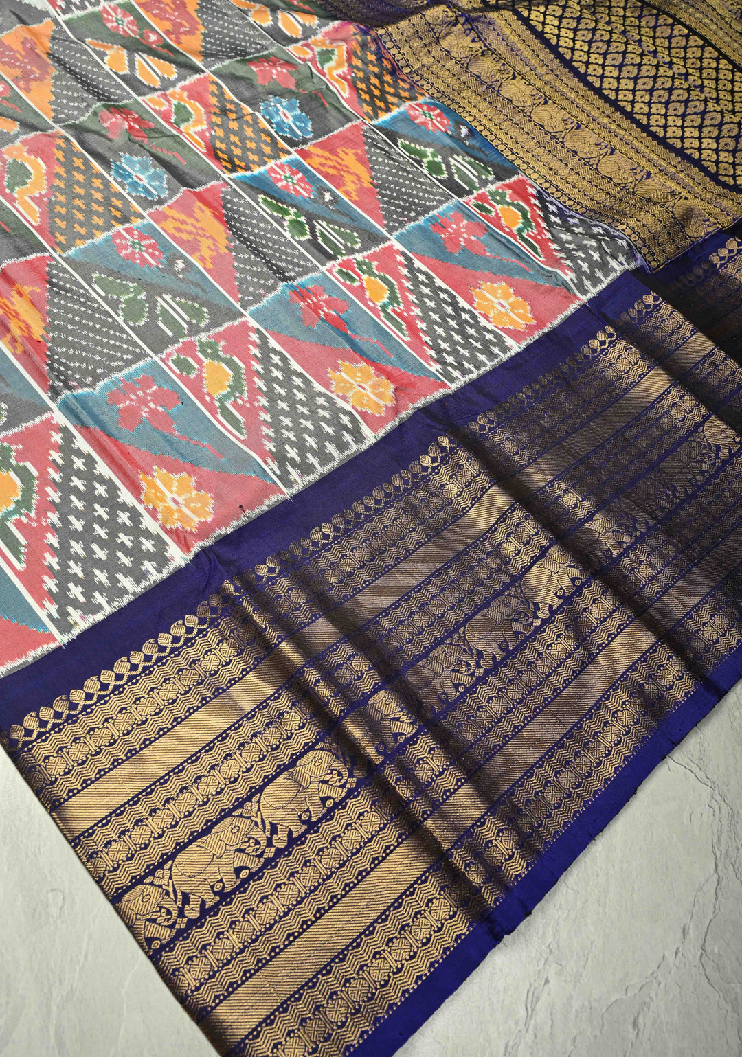 Multicolor Ikkat Kanjivaram Fusion Silk Saree with Patola Design and Contrast Wide Zari Border | SILK MARK CERTIFIED | SHOBITAM