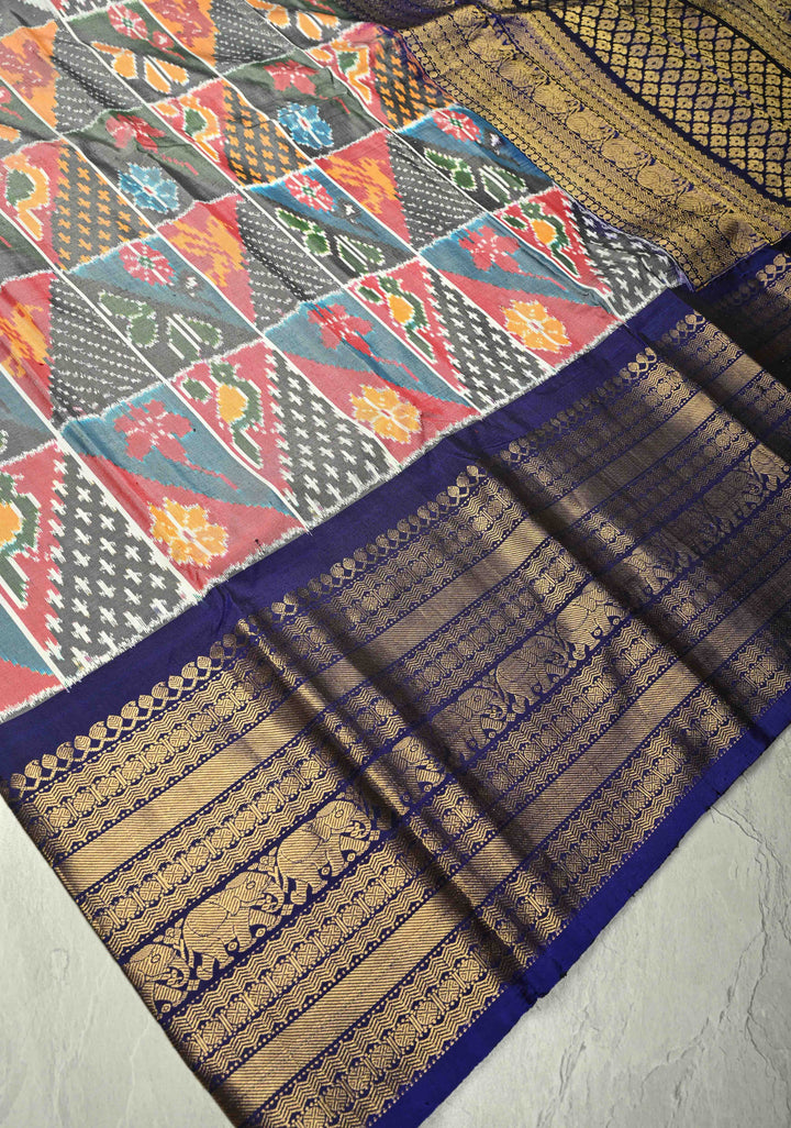 Multicolor Ikkat Kanjivaram Fusion Silk Saree with Patola Design and Contrast Wide Zari Border | SILK MARK CERTIFIED | SHOBITAM