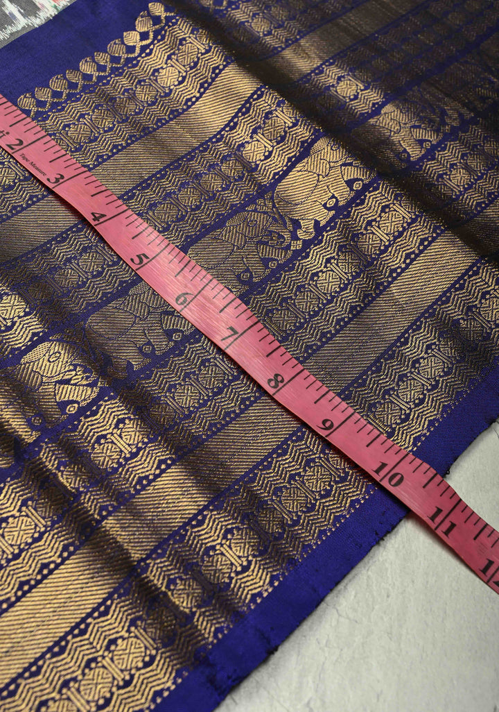 Multicolor Ikkat Kanjivaram Fusion Silk Saree with Patola Design and Contrast Wide Zari Border | SILK MARK CERTIFIED | SHOBITAM