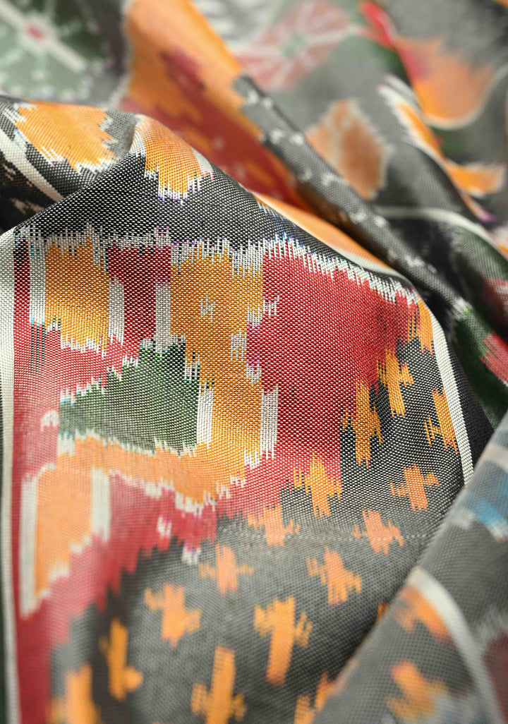 Multicolor Ikkat Kanjivaram Fusion Silk Saree with Patola Design and Contrast Wide Zari Border | SILK MARK CERTIFIED | SHOBITAM