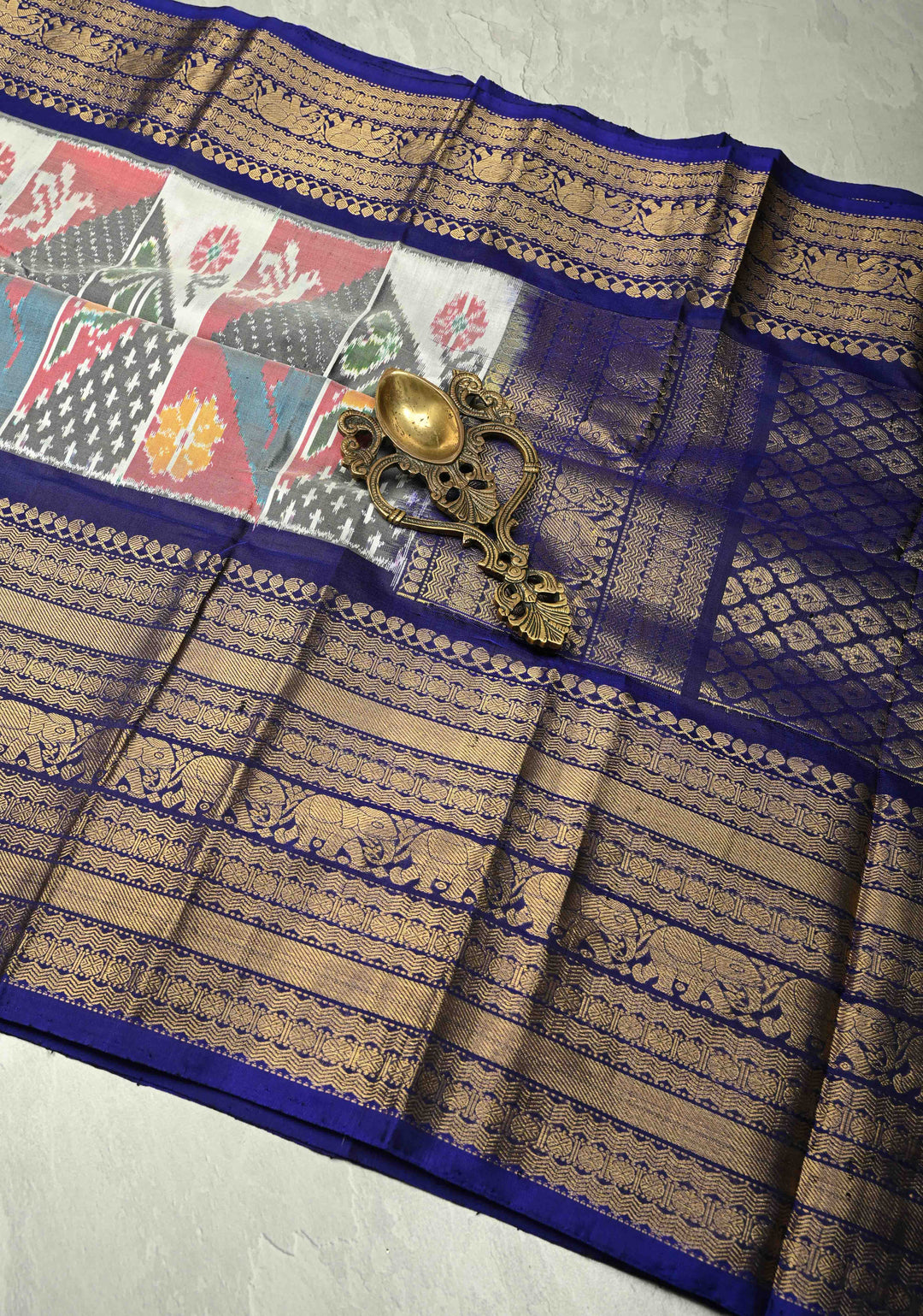 Multicolor Ikkat Kanjivaram Fusion Silk Saree with Patola Design and Contrast Wide Zari Border | SILK MARK CERTIFIED | SHOBITAM