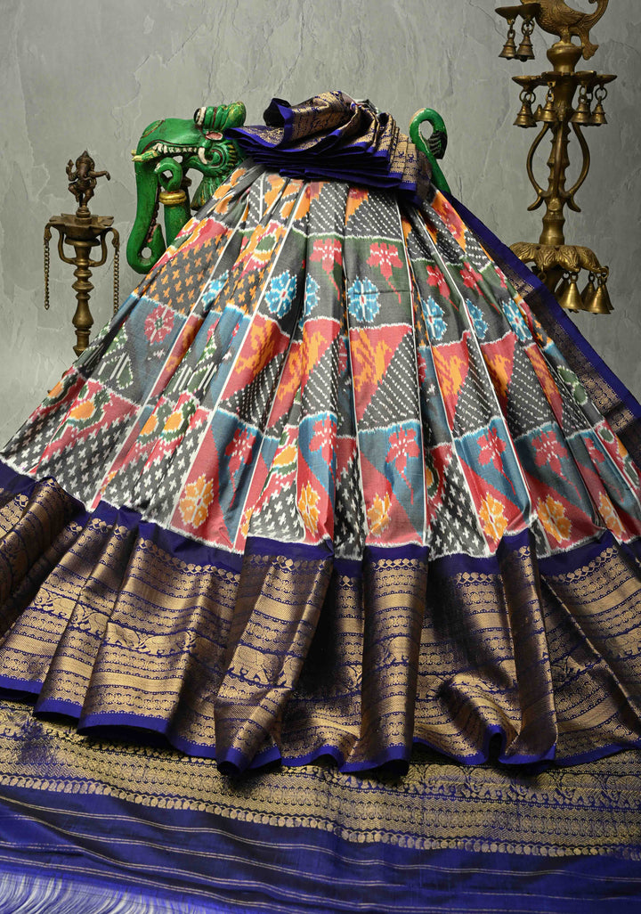 Multicolor Ikkat Kanjivaram Fusion Silk Saree with Patola Design and Contrast Wide Zari Border | SILK MARK CERTIFIED | SHOBITAM