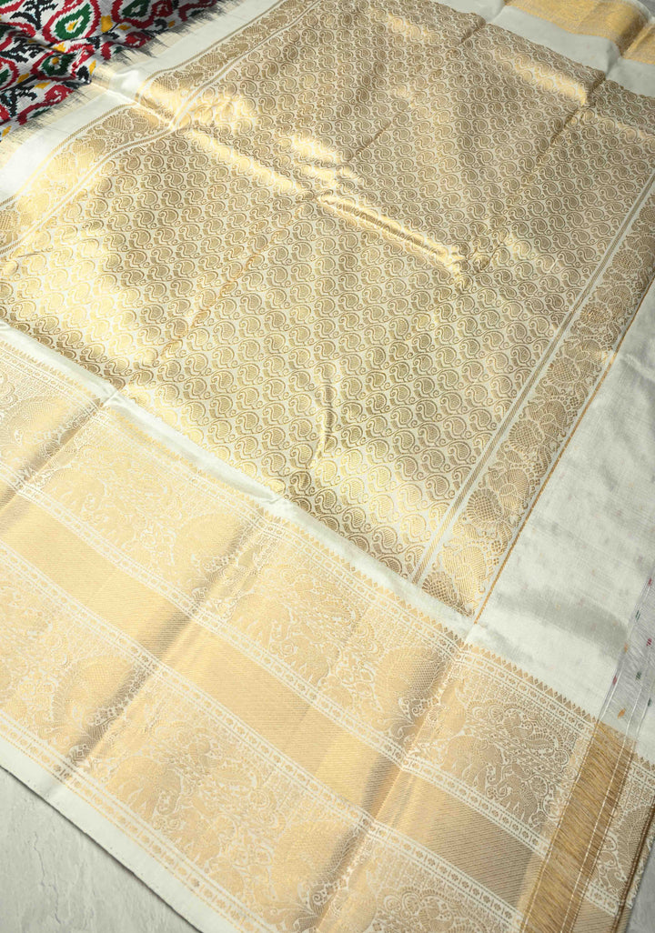 Gray Ikkat Kanjivaram Fusion Silk Saree with Contrast Wide Zari Border | SILK MARK CERTIFIED