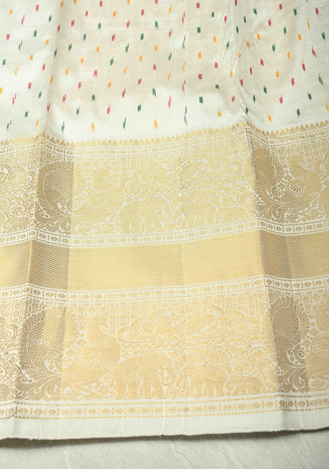 Gray Ikkat Kanjivaram Fusion Silk Saree with Contrast Wide Zari Border | SILK MARK CERTIFIED