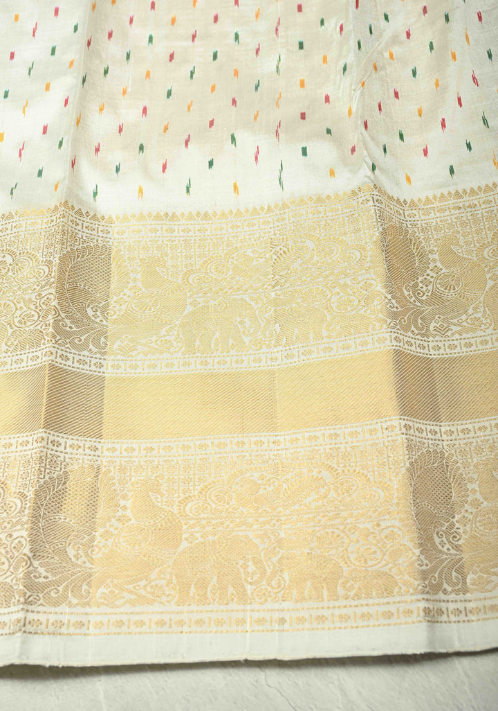 Gray Ikkat Kanjivaram Fusion Silk Saree with Contrast Wide Zari Border | SILK MARK CERTIFIED