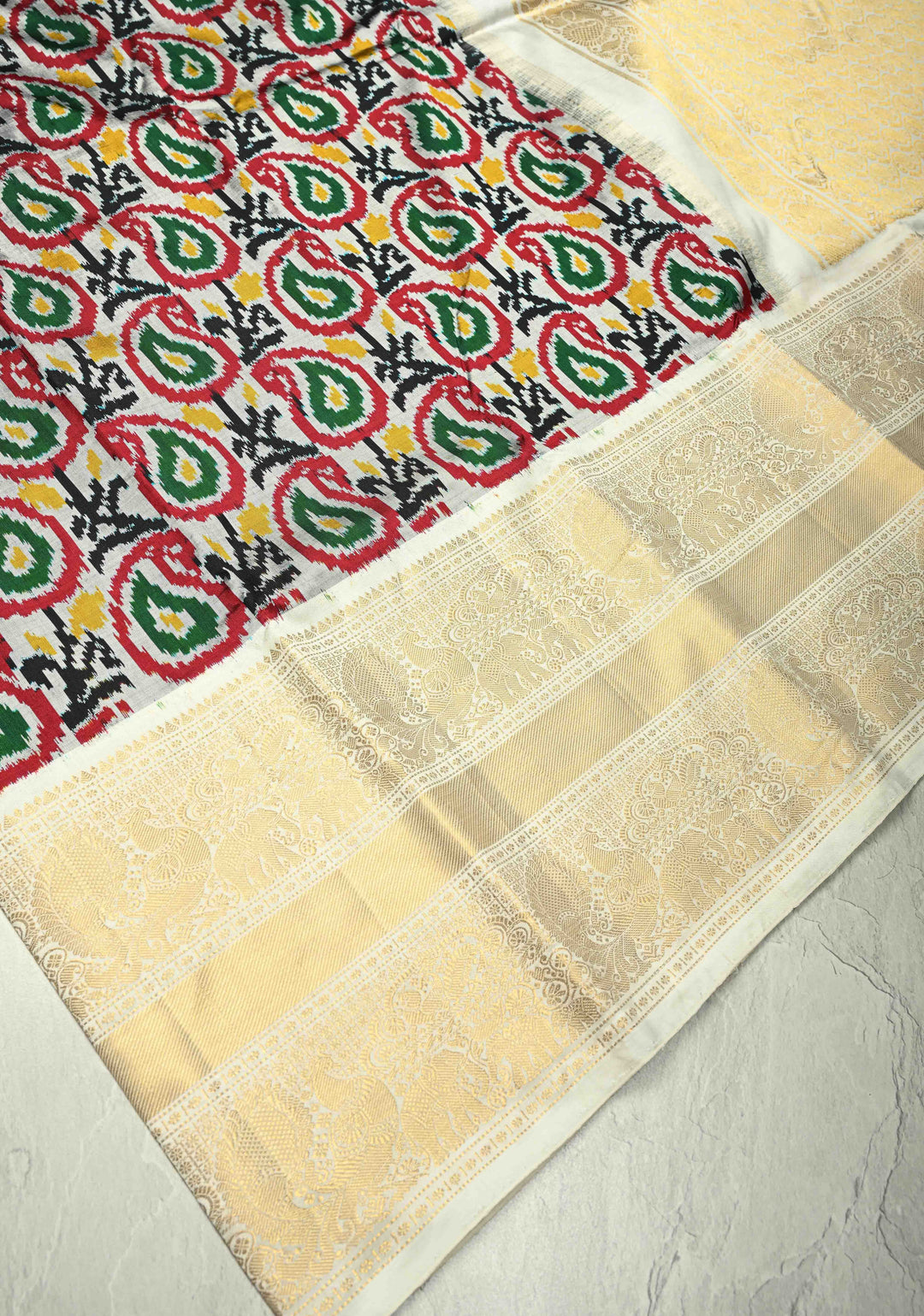 Gray Ikkat Kanjivaram Fusion Silk Saree with Contrast Wide Zari Border | SILK MARK CERTIFIED