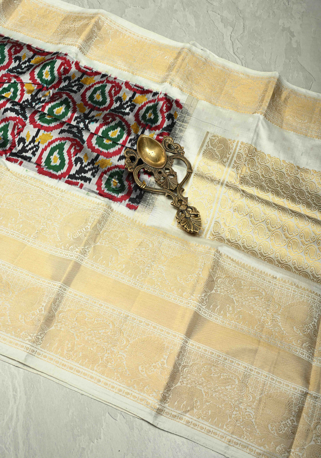 Gray Ikkat Kanjivaram Fusion Silk Saree with Contrast Wide Zari Border | SILK MARK CERTIFIED