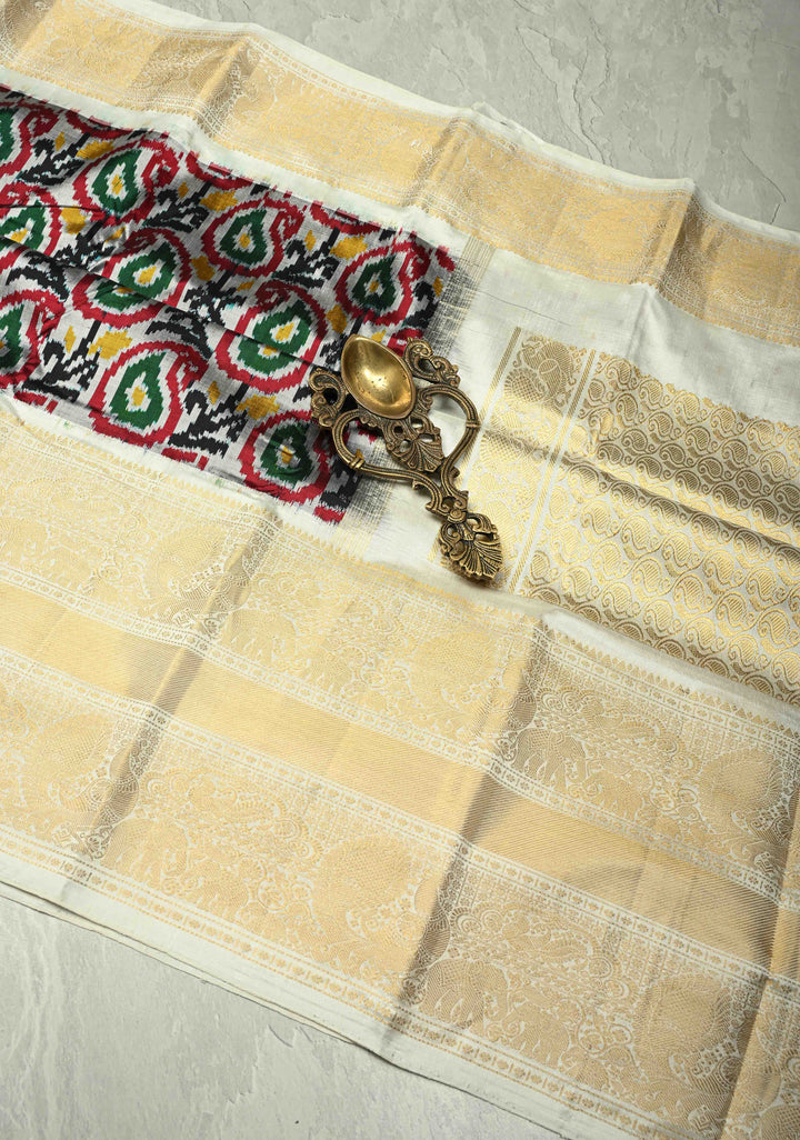 Gray Ikkat Kanjivaram Fusion Silk Saree with Contrast Wide Zari Border | SILK MARK CERTIFIED