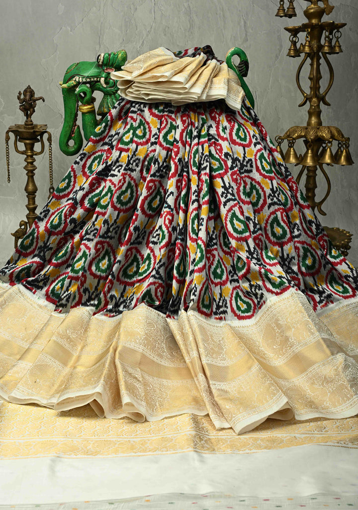 Gray Ikkat Kanjivaram Fusion Silk Saree with Contrast Wide Zari Border | SILK MARK CERTIFIED