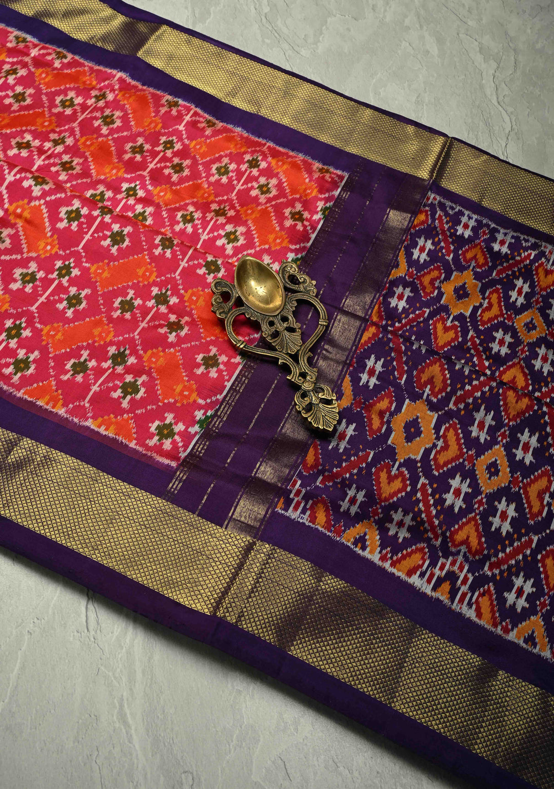 Pink- orange Pochampally Ikkat Pure Silk Saree with Contrast Purple Zari Border | SILK MARK CERTIFIED
