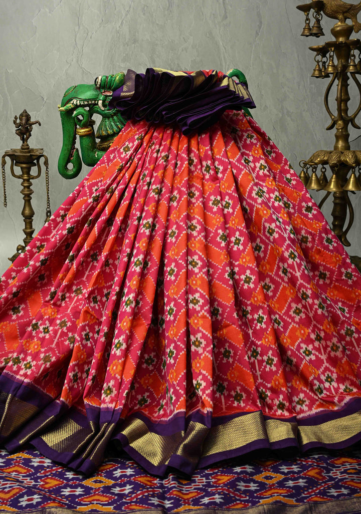 Pink- orange Pochampally Ikkat Pure Silk Saree with Contrast Purple Zari Border | SILK MARK CERTIFIED