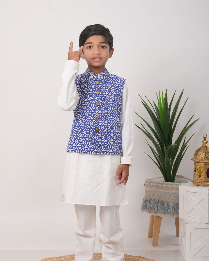 Merman Nehru jacket with Kurta Pajama 3 piece set for Boys | Shobitam Custom Wear Made To Order