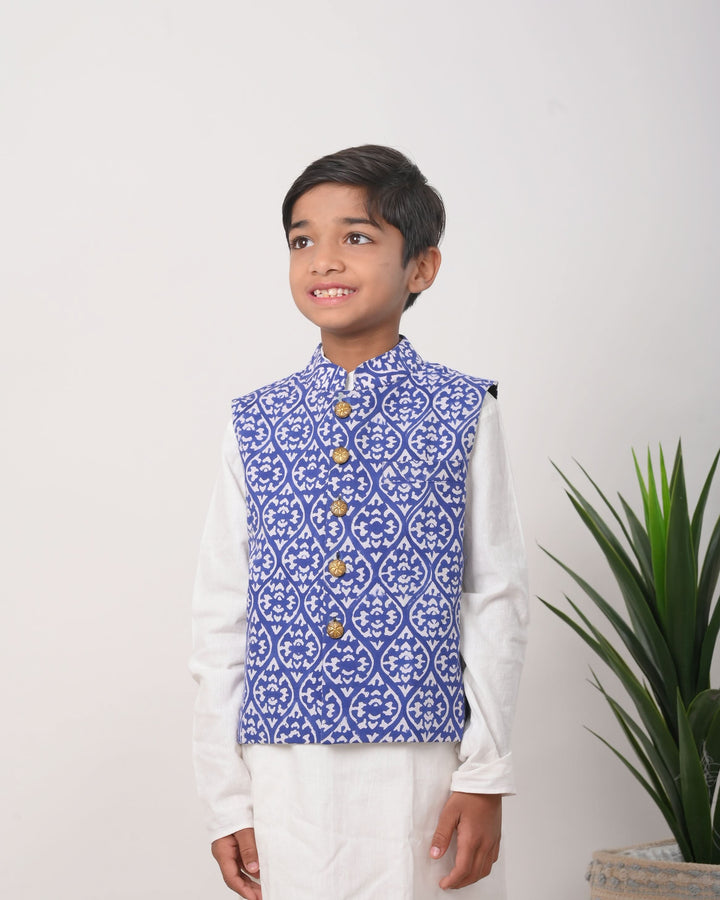 Merman Nehru jacket with Kurta Pajama 3 piece set for Boys | Shobitam Custom Wear Made To Order