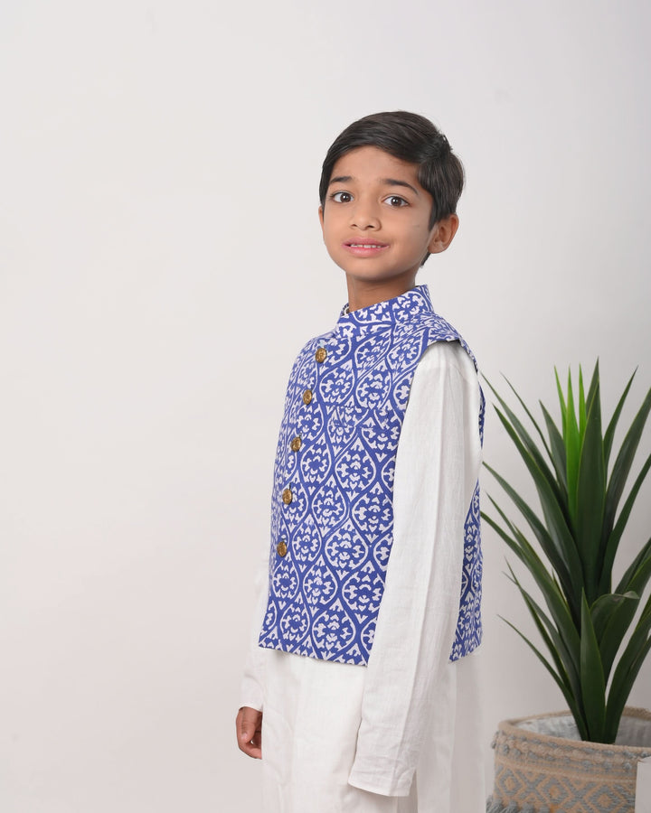 Merman Nehru jacket with Kurta Pajama 3 piece set for Boys | Shobitam Custom Wear Made To Order