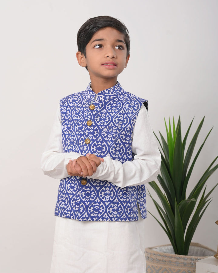 Merman Nehru jacket with Kurta Pajama 3 piece set for Boys | Shobitam Custom Wear Made To Order