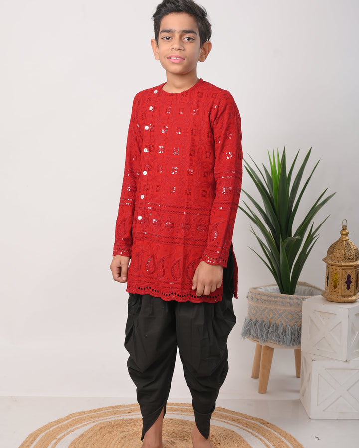 Ruby Chikankari kurta with dhoti for Boy Kid| Shobitam Custom Shirt Made To Order