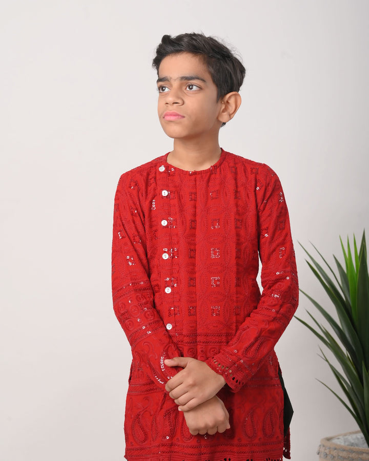 Ruby Chikankari kurta with dhoti for Boy Kid| Shobitam Custom Shirt Made To Order