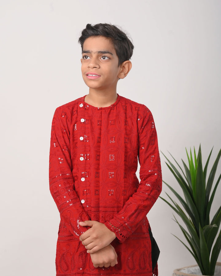 Ruby Chikankari kurta with dhoti for Boy Kid| Shobitam Custom Shirt Made To Order