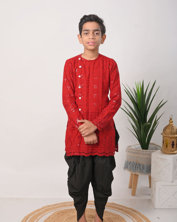 Ruby Chikankari kurta with dhoti for Boy Kid| Shobitam Custom Shirt Made To Order
